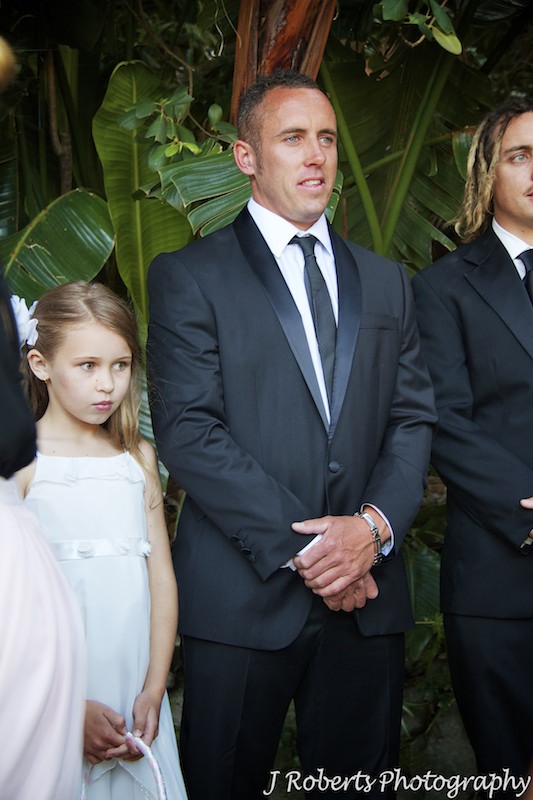 Groom with his daughter a flower girl waiting for bride - wedding photography sydney